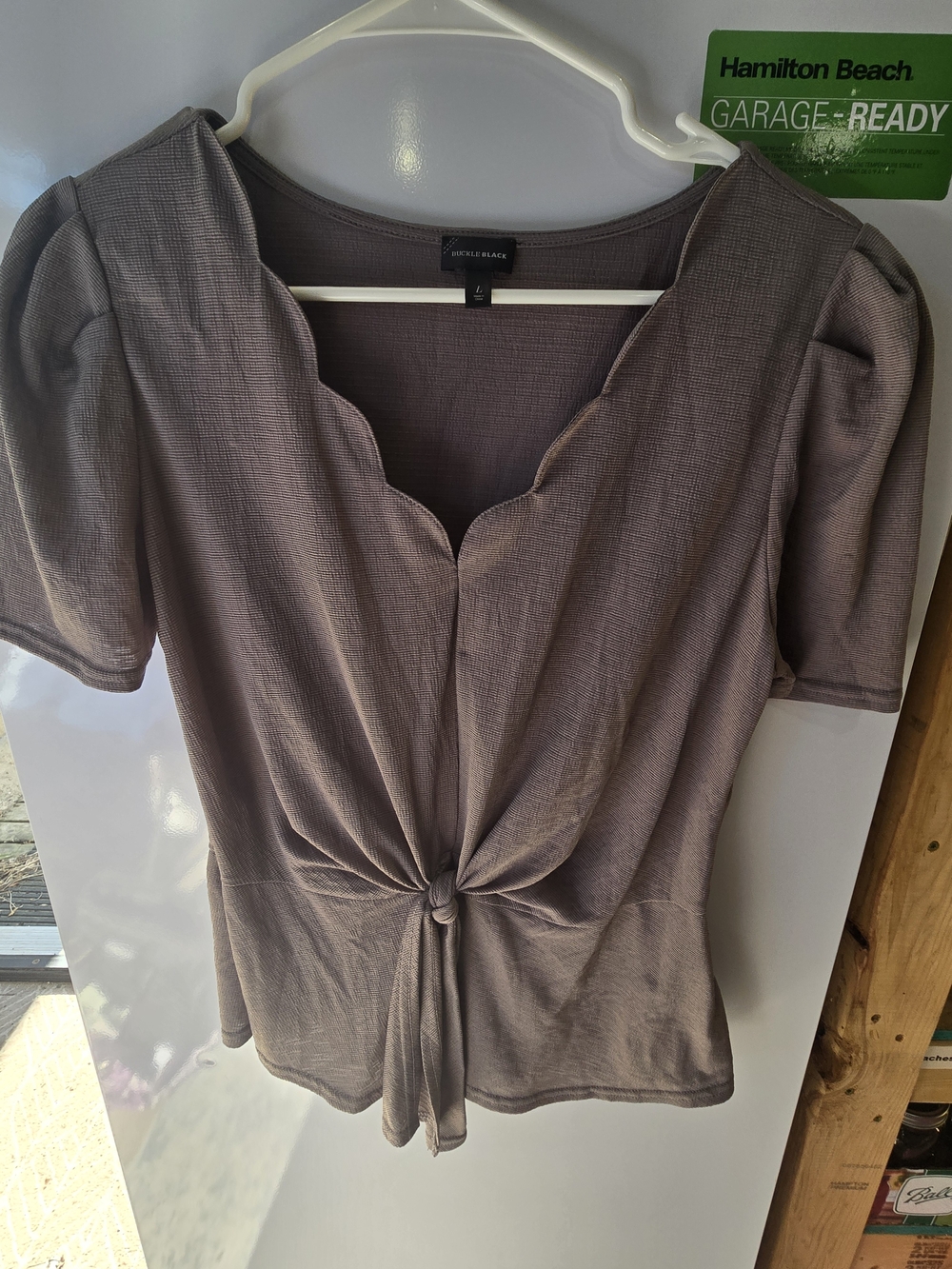 Buckle Black- Grey, Knot-Front Puff Sleeve Top, Comfortable- L